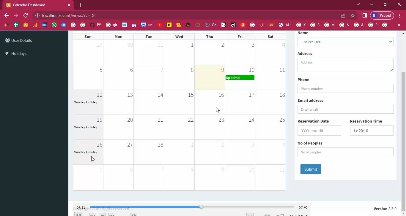 Events Calendar Holidays System in PHP Application Projects
