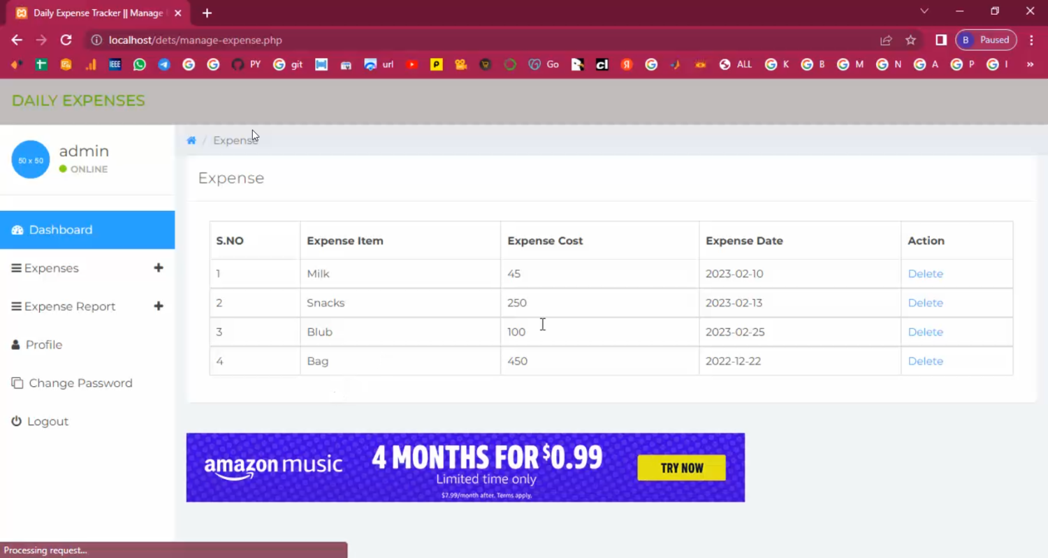 Online Daily Expense Tracker in PHP Application Projects