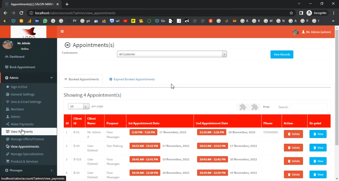 Salon Management System in PHP Application Projects